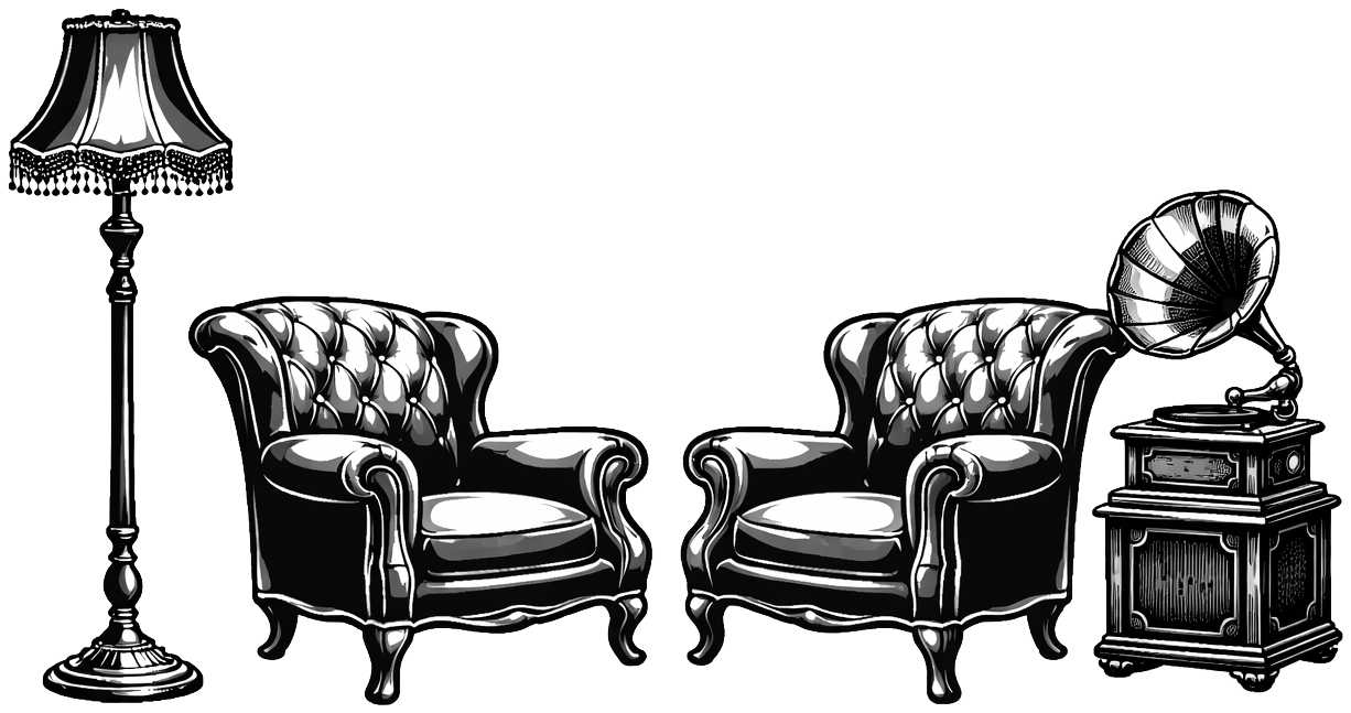 Deux fauteuils de salon, une lampe et un phonographe